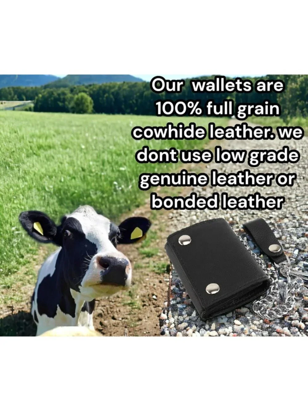 Vintage Biker Cowhide Leather Wallet with RFID Blocking & Steel Chain, Snap